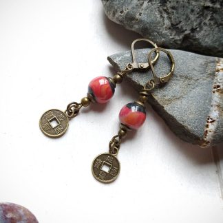 Boucles D'oreilles Asiatiques En Cinabre Rouge - Pièce Ethnique Et D'occasion