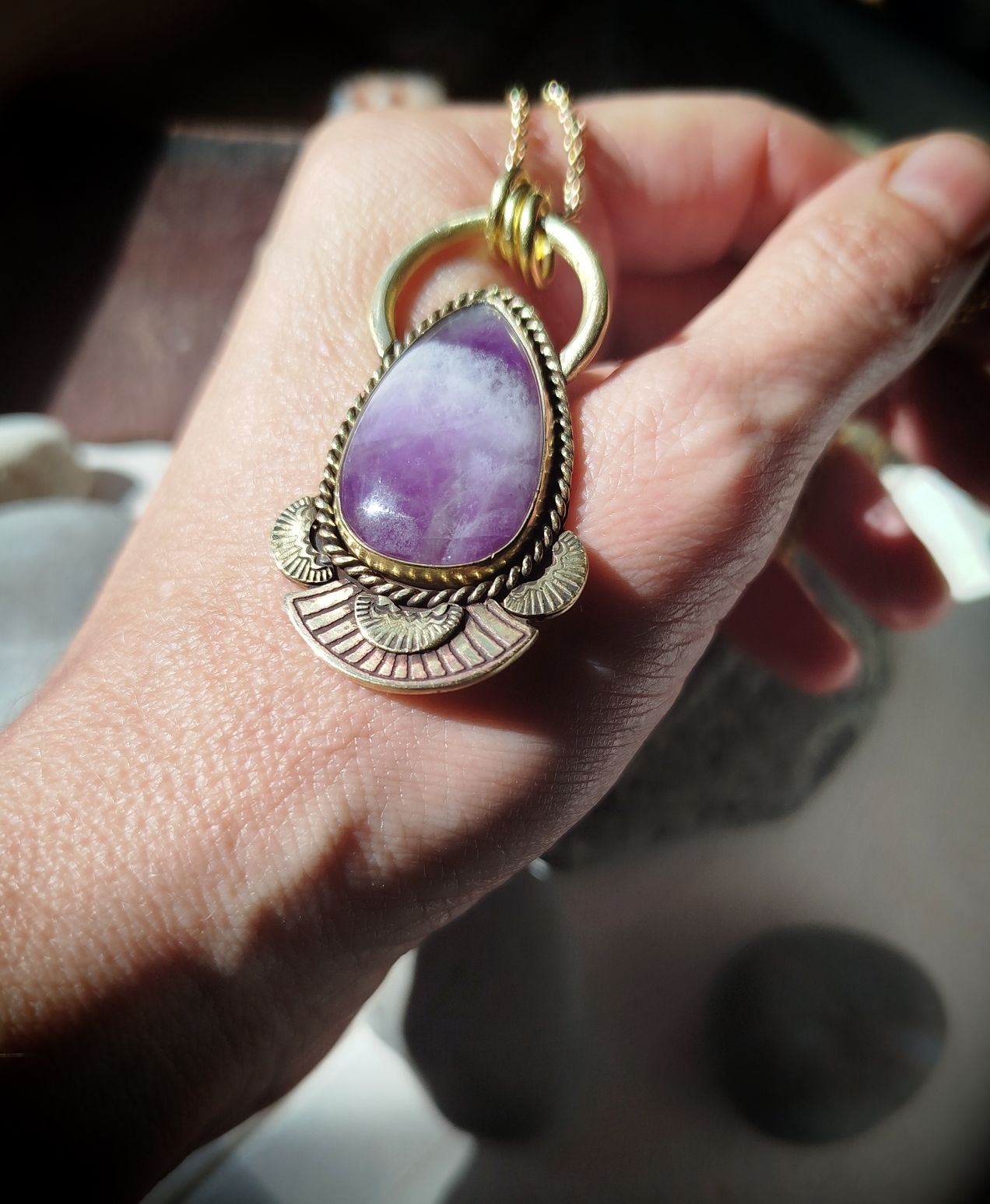 !! Réservé V. !! Collier laiton forgé goutte améthyste – Image 3